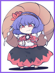 Rule 34 | 1girl, :3, black skirt, border, chahan (fried rice0614), closed mouth, commission, crossed arms, full body, hair ornament, highres, layered sleeves, leaf hair ornament, long sleeves, looking at viewer, mirror, purple border, purple hair, red eyes, rope, shimenawa, short hair, short over long sleeves, short sleeves, simple background, skeb commission, skirt, smile, solo, standing, touhou, v-shaped eyebrows, white background, yasaka kanako
