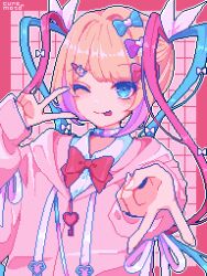 Rule 34 | 1girl, :p, absurdres, artist name, blonde hair, blue bow, blue eyes, blue hair, bow, bowtie, cat hair ornament, chouzetsusaikawa tenshi-chan, grid background, hair bow, hair ornament, hair ribbon, heart, highres, hood, hoodie, kyua moto, long hair, looking at viewer, multicolored hair, needy girl overdose, official alternate costume, one eye closed, outline, pink background, pink bow, pink bowtie, pink hair, pink hoodie, pixel art, purple bow, quad tails, ribbon, shirt, sidelocks, solo, tongue, tongue out, v, white outline, white ribbon, white shirt