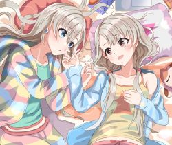 Rule 34 | 2girls, blouse, blue eyes, blue pajamas, blunt bangs, blush, braid, braided bangs, breasts, brown eyes, clothes writing, collarbone, commentary request, computer, cowboy shot, doll, earrings, green shirt, grey hair, hair strand, hand on another&#039;s arm, hand on own chest, haruki (haruki678), head on pillow, highres, hisakawa hayate, hisakawa nagi, hood, hoodie, idolmaster, idolmaster cinderella girls, jewelry, laptop, long hair, looking at another, low twintails, lying, midriff peek, mouse (computer), mousepad (object), multicolored clothes, multicolored hoodie, multicolored pants, multiple girls, off-shoulder shirt, off shoulder, on bed, open clothes, open hoodie, open mouth, open pajamas, pajamas, pants, pillow, shadow, shirt, siblings, sisters, small breasts, smile, star (symbol), star print, tank top, twins, twintails, yellow tank top