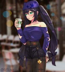 Rule 34 | 1girl, :o, absurdres, arm cutout, black bow, black pantyhose, black shorts, blurry, blurry background, blush, bodystocking, bow, breasts, byte-artist, commentary, contemporary, cropped shirt, cup, english commentary, genshin impact, green eyes, hair bow, hat, highres, holding, holding cup, lens flare, logo parody, long hair, medium breasts, mona (genshin impact), off-shoulder shirt, off shoulder, pantyhose, photo background, purple shirt, sangonomiya kokomi, shirt, short shorts, shorts, solo, star cutout, starbucks, twintails, twitter username, very long hair