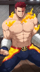 Rule 34 | 1boy, abs, absurdres, bara, boku no hero academia, bulge, clenched hand, endeavor (boku no hero academia), fingerless gloves, fire, gloves, highres, kuroshinki, large pectorals, looking at viewer, male focus, muscular, muscular male, nipples, paid reward available, pectorals, red hair, scar, scar on face, solo, thighs, topless male, watermark