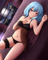 Rule 34 | 1girl, babydoll, bare arms, bare shoulders, bat wings, black babydoll, black panties, blue hair, bridal garter, closed mouth, cloud, commentary, commission, english commentary, full moon, hand on own chest, highres, kuneamorai, lingerie, looking at viewer, lying, medium hair, midriff, mixed-language commentary, moon, night, night sky, no headwear, on back, panties, pink eyes, red curtains, remilia scarlet, sky, smile, solo, star (sky), touhou, tree, underwear, window, wings
