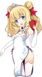 Rule 34 | 10s, 1girl, :d, amagi brilliant park, black panties, blonde hair, blue eyes, blush, china dress, chinese clothes, chiyami, cross, cross necklace, double bun, dress, drill hair, elbow gloves, envelope, gloves, hair bun, hair ribbon, highres, jewelry, latifa fleuranza, long hair, looking at viewer, necklace, open mouth, panties, ribbon, side-tie panties, smile, solo, thighhighs, tiara, underwear, white gloves, white thighhighs