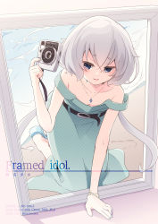 Rule 34 | 1girl, bare shoulders, belt, blue eyes, blue nails, breasts, camera, cleavage, collarbone, commentary request, dress, green dress, grey hair, haya bs, highres, jewelry, kneeling, konno junko, long hair, low twintails, nail polish, necklace, polka dot, polka dot dress, sandals, sleeveless, small breasts, solo, strap slip, twintails, zombie land saga