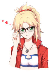 Rule 34 | 1girl, adjusting eyewear, bespectacled, black-framed eyewear, blonde hair, breasts, cleavage, fate/apocrypha, fate (series), gemi 25, glasses, green eyes, hair ornament, hair scrunchie, head tilt, heart, highres, jacket, jewelry, looking at viewer, medium hair, mordred (fate), mordred (fate/apocrypha), mordred (memories at trifas) (fate), necklace, open clothes, open jacket, ponytail, red jacket, scrunchie, small breasts, solo, spiked hair