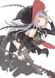 Rule 34 | 10s, 1girl, bad id, bad twitter id, bare shoulders, black dress, black thighhighs, breasts, colored eyelashes, detached sleeves, dress, full body, garter straps, granblue fantasy, grey hair, hair between eyes, hat, jpeg artifacts, large breasts, leaning forward, long hair, long sleeves, magisa (granblue fantasy), no pupils, red eyes, saraki, shadow, simple background, smile, solo, staff, thighhighs, unfinished, white background, witch hat