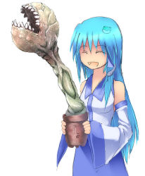 Rule 34 | 1girl, alternate hair color, blue hair, closed eyes, kochiya sanae, monster, no nose, onibi (foxhound4185), plant, plant monster, potted plant, sharp teeth, smile, teeth, touhou