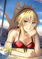Rule 34 | 1girl, barefoot, beach, beach towel, bendy straw, bikini, blonde hair, blush, breasts, cup, drinking straw, fate/apocrypha, fate/grand order, fate (series), green eyes, grin, head rest, looking at viewer, lying, mordred (fate), mordred (fate) (all), mordred (fate/apocrypha), mordred (swimsuit rider) (fate), mordred (swimsuit rider) (first ascension) (fate), ocean, on stomach, outdoors, red bikini, sand, shiseki hirame, short ponytail, side-tie bikini bottom, smile, soles, solo, spiked hair, swimsuit, the pose, toes, towel, water
