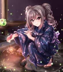 Rule 34 | 1girl, alternate costume, bug, commentary request, drill hair, firefly, fireworks, highres, idolmaster, idolmaster cinderella girls, idolmaster cinderella girls starlight stage, bug, japanese clothes, kanzaki ranko, kimono, long hair, looking at viewer, night, obi, red eyes, sandals, sash, senkou hanabi, shashaki, silver hair, smile, solo, sparkler, squatting, twin drills, twintails, wide sleeves, yukata