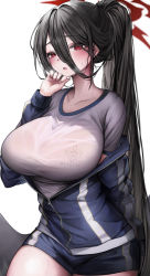 Rule 34 | 1girl, black hair, black wings, blue archive, blue jacket, blue shorts, blush, breasts, commentary, cowboy shot, gym shirt, gym shorts, gym uniform, hair between eyes, halo, hand on own cheek, hand on own face, hand up, hanna (hn000000), hasumi (blue archive), hasumi (track) (blue archive), highres, huge breasts, jacket, jacket partially removed, long hair, long sleeves, low wings, mole, mole under eye, official alternate costume, parted lips, partially unzipped, ponytail, red eyes, resolution mismatch, shirt, short sleeves, shorts, simple background, solo, source larger, sweat, track jacket, very long hair, white background, white shirt, white stripes, wings