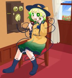 Rule 34 | 1girl, ann (artist), ann momitsu, antique phone, boots, chair, cloud, commentary request, curtains, day, flower, full body, green eyes, green hair, hat, hat ribbon, highres, indoors, komeiji koishi, matching hair/eyes, open mouth, phone, ribbon, rotary phone, short hair, sitting, skirt, sky, solo, touhou, wainscoting, window