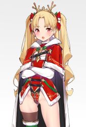 1girl adapted_costume blonde_hair blush breasts cape crossed_arms earrings ereshkigal_(fate) fate/grand_order fate_(series) jewelry leotard long_hair long_sleeves looking_at_viewer open_mouth parted_bangs popqn red_cape red_eyes red_leotard red_ribbon ribbon simple_background single_thighhigh solo strapless strapless_leotard thighhighs tiara tohsaka_rin two_side_up white_background