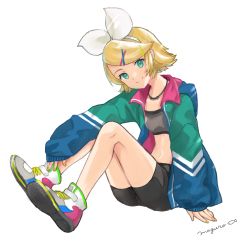 Rule 34 | 1girl, aqua eyes, bike shorts, binchou maguro, blonde hair, bow, commentary, hair bow, hair ornament, hairclip, highres, jacket, jewelry, kagamine rin, looking at viewer, midriff, navel, necklace, shoes, short hair, signature, sitting, smile, sneakers, solo, sports bra, swept bangs, track jacket, vocaloid, white background, white bow