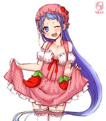 Rule 34 | 1girl, alternate costume, artist logo, blue eyes, blue hair, clothes lift, collarbone, commentary request, dated, dress, dress lift, food, fruit, garter straps, gradient hair, hat, highres, kanon (kurogane knights), kantai collection, long hair, looking at viewer, maid, multicolored hair, one eye closed, open mouth, pink dress, pink hat, pink thighhighs, plaid, plaid dress, samidare (kancolle), simple background, smile, solo, strawberry, swept bangs, thighhighs, very long hair, white background