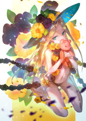 Rule 34 | 1girl, abigail williams (fate), abigail williams (second ascension) (fate), adapted costume, bikini, black bikini, black hat, blonde hair, blue eyes, breasts, emoillu, fate/grand order, fate (series), feet, flower, forehead, hat, hat flower, legs, long hair, looking at viewer, navel, parted bangs, petals, sitting, small breasts, solo, sparkle, stuffed animal, stuffed toy, sun hat, swimsuit, teddy bear, thighs, very long hair, wariza