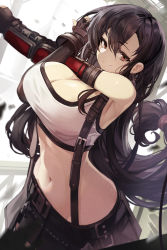 Rule 34 | 1girl, black hair, black skirt, breasts, brown eyes, closed mouth, earrings, elbow pads, final fantasy, final fantasy vii, final fantasy vii remake, fingerless gloves, gloves, goomrrat, highres, jewelry, large breasts, long hair, looking at viewer, low-tied long hair, midriff, pencil skirt, shirt, skirt, smile, solo, stretching, suspender skirt, suspenders, tank top, taut clothes, taut shirt, tifa lockhart, white tank top