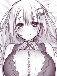Rule 34 | 1girl, bed sheet, blush, bra, bra peek, breasts, cleavage, closed mouth, collared shirt, dress, dress shirt, flying sweatdrops, greyscale, hair between eyes, hair ornament, kizuna akari, large breasts, long hair, looking at viewer, lying, monochrome, on back, shirt, short sleeves, sleeveless, sleeveless dress, smile, solo, underwear, upper body, usume shirou, voiceroid