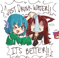 Rule 34 | &gt; o, ..., 3girls, ;d, animal ear fluff, animal ears, arm up, blue bow, blue eyes, blue hair, blush stickers, bow, brooch, brown hair, commentary, cup, disembodied head, dress, english commentary, english text, engrish text, fang, fins, grass root youkai network, green kimono, hair between eyes, hair bow, head fins, holding, holding cup, imaizumi kagerou, japanese clothes, jewelry, jitome, kimono, long hair, long sleeves, looking at viewer, mermaid, monster girl, multiple girls, one eye closed, open mouth, ranguage, red hair, sekibanki, shaded face, short hair, smile, spoken ellipsis, sweat, touhou, upper body, wakasagihime, water, white dress, wide sleeves, wolf ears, wool (miwol)
