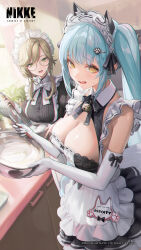Rule 34 | 2girls, @ @, ade (nikke), animal ear fluff, animal ears, apron, aqua hair, artist request, black dress, black ribbon, bowl, breasts, cat ears, copyright name, cropped, curtains, day, dress, elbow gloves, english text, frilled apron, frills, glasses, gloves, goddess of victory: nikke, green eyes, hair ornament, hairclip, highres, holding, holding bowl, holding whisk, indoors, juliet sleeves, long sleeves, mixing bowl, multiple girls, official art, open mouth, parted bangs, privaty (nikke), privaty (unkind maid) (nikke), puffy sleeves, raised eyebrows, ribbon, second-party source, sunlight, swept bangs, teeth, twintails, upper teeth only, whisk, white apron, white gloves, window, yellow eyes