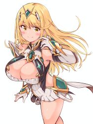 Rule 34 | 1girl, absurdres, blonde hair, breasts, cleavage, highres, kurokaze no sora, large breasts, mythra (xenoblade), simple background, solo, white background, xenoblade chronicles (series), xenoblade chronicles 2, yellow eyes
