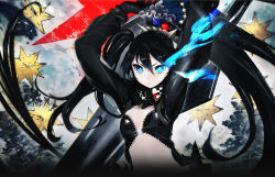 Rule 34 | 10s, 1girl, black hair, black rock shooter, black rock shooter (character), black rock shooter arcana, blue eyes, crown, highres, huke, long hair, official art, solo, taiki (luster), twintails, weapon