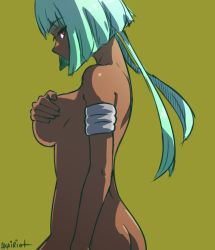 Rule 34 | 1girl, akairiot, aqua hair, armband, artist name, ass, back, bad deviantart id, bad id, bob cut, breasts, brown background, completely nude, covering privates, covering breasts, covering one breast, cowboy shot, dark-skinned female, dark skin, emerald sustrai, female focus, green hair, large breasts, long hair, looking at viewer, looking to the side, neck, nude, red eyes, rwby, short hair with long locks, signature, simple background, solo