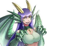 Rule 34 | 1girl, :d, animal ears, animal hands, bad link, breasts, claws, cleavage, dragon (monster girl encyclopedia), dragon girl, dragon horns, dragon wings, eyes visible through hair, fangs, fins, hair between eyes, head fins, horns, jewelry, large breasts, long hair, monster girl, monster girl encyclopedia, necklace, open mouth, purple hair, scales, second-party source, sharp teeth, simple background, smile, solo, soup-plz, teeth, upper body, white background, wings, yellow eyes