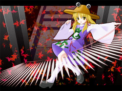 Rule 34 | 1girl, :d, animal print, autumn leaves, blonde hair, extra eyes, female focus, frog print, full body, hat, kii (mahoraba), kneehighs, letterboxed, loafers, long sleeves, looking at viewer, magic, moriya suwako, open mouth, shoes, smile, socks, solo, stairs, sweater, touhou, white socks
