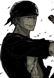 Rule 34 | 1boy, bandana, highres, holding, holding sword, holding weapon, jitome, limited palette, lips, looking ahead, male focus, monochrome, motion blur, mrjieshisu, nose, nostrils, one piece, open clothes, roronoa zoro, sanpaku, scar, scar across eye, scar on chest, sideburns, simple background, smile, solo, sword, upper body, v-shaped eyebrows, weapon, white background