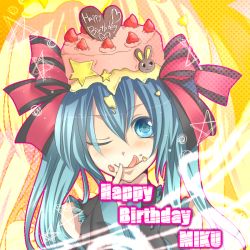 Rule 34 | 1girl, amase (siki696), birthday, blue eyes, blue hair, bow, cake, character name, food, fruit, hair bow, hat, hatsune miku, matching hair/eyes, one eye closed, pastry, solo, star (symbol), strawberry, tongue, twintails, vocaloid, wink