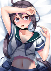 Rule 34 | 1girl, absurdres, ahoge, akebono (kancolle), arm up, bed sheet, black choker, black hair, blue skirt, blush, breasts, choker, cleavage, collarbone, commentary request, green sailor collar, grey eyes, hair between eyes, highres, kantai collection, long hair, lying, midriff, navel, open mouth, pleated skirt, ruin re birth, sailor collar, school uniform, serafuku, shadow, shirt, skirt, small breasts, solo, upper body, white shirt