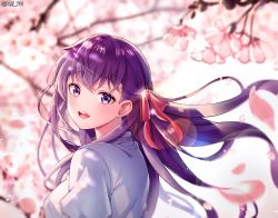 Rule 34 | 1girl, artist name, breasts, cherry blossoms, commentary request, fate/stay night, fate (series), hair ribbon, heaven&#039;s feel, highres, large breasts, long hair, long sleeves, looking at viewer, matou sakura, pink ribbon, polla, purple eyes, purple hair, ribbon, shirt, smile, solo, white shirt