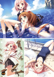 Rule 34 | 2girls, :d, absurdres, ass, bare shoulders, bikini, black skirt, blush, book, boots, braid, brown hair, butt crack, detached sleeves, flower, green eyes, hair bobbles, hair flower, hair ornament, highres, innertube, kantoku, looking back, lying, minagawa yuuhi, miniskirt, multiple girls, old school swimsuit, on back, one-piece swimsuit, one eye closed, open mouth, partially submerged, pink eyes, pink hair, plaid, plaid skirt, pleated skirt, ponytail, pool, pool ladder, poolside, ribbon, school swimsuit, short hair, skirt, smile, swim ring, swimsuit, towel, water, wink, your diary, yua (your diary)