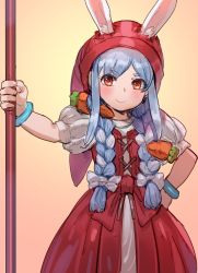 Rule 34 | 1girl, animal ear fluff, animal ears, blue hair, blush, bow, bow (bhp), braid, closed mouth, cosplay, dragon quest, dragon quest xi, dress, ears through headwear, gradient background, hair bow, hand on own hip, head scarf, holding, holding staff, hololive, looking at viewer, multicolored hair, orange eyes, puffy short sleeves, puffy sleeves, rabbit ears, red dress, short sleeves, smile, solo, staff, twin braids, two-tone hair, usada pekora, veronica (dq11), veronica (dq11) (cosplay), virtual youtuber, white bow, white hair, wristband, yellow background