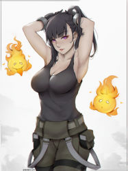 Rule 34 | 1girl, absurdres, adjusting hair, armpits, arms up, bare shoulders, black hair, black tank top, breasts, cleavage, commentary request, en&#039;en no shouboutai, fire, fire, gloves, highres, large breasts, liya nikorov, long hair, looking at viewer, maki oze, muscular, muscular female, parted lips, ponytail, purple eyes, solo, standing, tank top, uniform, witch