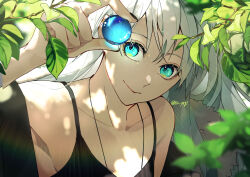 Rule 34 | 1girl, armpit peek, ball, bare shoulders, black nails, black tank top, blue eyes, closed mouth, collarbone, dutch angle, flat chest, green eyes, hair between eyes, head tilt, highres, holding, holding ball, leaf, long hair, looking at viewer, marble (toy), multicolored eyes, nail polish, original, plant, signature, sleeveless, smile, solo, tank top, translucent, twitter username, upper body, white hair, yagi (shiro yagi)