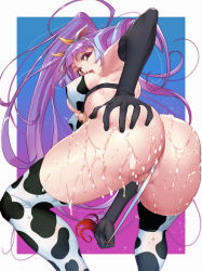 Rule 34 | 1girl, 2021, absurdres, animal ears, animal print, ass, bikini, bikini top only, blue hair, blush, bottomless, breasts, chinese zodiac, cleft of venus, cow ears, cow girl, cow horns, cow print, cow tail, cum, cum on ass, don (rg06268), from behind, highres, horns, large breasts, long hair, looking at viewer, looking back, macross, macross delta, mikumo guynemer, multicolored hair, partially visible vulva, print bikini, purple hair, red eyes, shiny skin, solo, streaked hair, sweat, swimsuit, tail, tail pull, thighhighs, very long hair, year of the ox