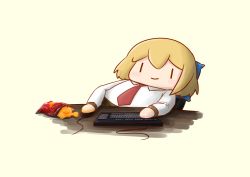 Rule 34 | absurdres, bag of chips, blonde hair, blush stickers, chair, chibi, chips (food), commentary, cropped, desk, dirty hands, doritos, dress shirt, english commentary, food, highres, holding mouse (computer), hololive, hololive english, jenkins (south park), keyboard (computer), leaning to the side, mouse (computer), necktie, parody, phdpigeon, red necktie, shirt, sitting, smile, smol ame, south park, virtual youtuber, watson amelia, white shirt, wing collar, yellow background, | |