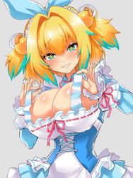 Rule 34 | + +, 1girl, aqua eyes, aqua hair, blonde hair, blush, bombergirl, breasts, cleavage, edobox, frills, grey background, grin, hair intakes, hair ornament, head tilt, huge breasts, large breasts, looking at viewer, multicolored hair, nail polish, pine (bombergirl), shiny skin, simple background, smile, solo, striped, symbol-shaped pupils, two-tone hair
