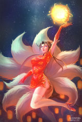 Rule 34 | 1girl, 2015, absurdres, ahri (league of legends), animal ears, bad id, bad pixiv id, blue eyes, brown hair, china dress, chinese clothes, dated, dress, elbow gloves, energy ball, facial mark, fox ears, fox tail, gloves, high heels, highres, league of legends, long hair, multiple tails, short dress, side slit, signature, slit pupils, solo, tail, thighhighs, white thighhighs, xleontan