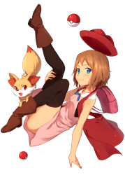 Rule 34 | 10s, 1girl, black thighhighs, blue eyes, blush, boots, breasts, brown hair, creatures (company), fennekin, full body, game freak, gen 6 pokemon, hat, kinta (distortion), leg up, looking at viewer, nintendo, poke ball, pokemon, pokemon (anime), pokemon (creature), pokemon xy, pokemon xy (anime), serena (pokemon), short hair, simple background, small breasts, smile, tagme, thighhighs, white background