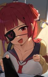 Rule 34 | 1girl, absurdres, bad id, bad twitter id, blush, breasts, eyepatch, fang, hair ribbon, highres, hololive, houshou marine, large breasts, long hair, looking at viewer, necktie, red eyes, red hair, ribbon, school uniform, smile, solo, tonki, twintails, virtual youtuber, yellow eyes