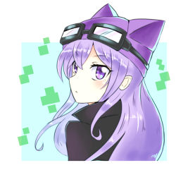 Rule 34 | 1girl, absurdres, digimon, goggles, goggles on head, hat, highres, purple eyes, purple hair, sayo (digimon), solo