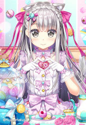 Rule 34 | 1girl, blue bow, blush, bow, closed mouth, commentary request, cup, dress, flower, food, fujima takuya, gloves, grey eyes, hair between eyes, hands up, heart, heart hands, lace, lace-trimmed gloves, lace trim, long hair, looking at viewer, macaron, original, pink flower, pink rose, rose, saucer, short sleeves, silver hair, smile, solo, striped, striped bow, teacup, teapot, twitter username, vertical stripes, very long hair, white dress, white gloves