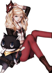 Rule 34 | 10s, 1girl, amepool, bad id, bad pixiv id, blonde hair, blue eyes, boots, cat, earrings, jewelry, long hair, looking at viewer, mask, unworn mask, morgana (persona 5), pantyhose, persona, persona 5, red pantyhose, simple background, sitting, smile, takamaki anne, twintails, weapon, white background