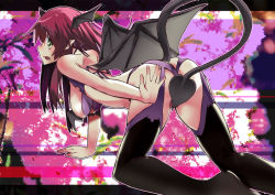 Rule 34 | 1girl, all fours, alternate costume, alternate eye color, bat wings, breasts, demon tail, female focus, green eyes, hanging breasts, head wings, koakuma, lingerie, long hair, open mouth, outline, outstretched hand, red hair, sasaharu, solo, tail, tail censor, touhou, underwear, wings