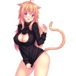 Rule 34 | 1girl, :o, animal ear fluff, animal ears, artist self-insert, black sweater, blonde hair, blush, bottomless, breasts, cat cutout, cat ears, cat tail, cleavage, cleavage cutout, clothes tug, clothing cutout, colored eyelashes, contrapposto, covered erect nipples, ears down, embarrassed, fang, hair between eyes, highres, kemonomimi mode, large breasts, long hair, long sleeves, looking at viewer, meme attire, naked sweater, no bra, no panties, no pussy, nottytiffy, open-chest sweater, open mouth, original, red eyes, shiny skin, simple background, solo, standing, sweater, sweater tug, tail, tiffy (nottytiffy), white background