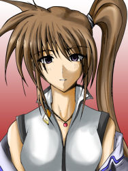 Rule 34 | 00s, 1girl, asymmetrical hair, breasts, brown eyes, brown hair, collarbone, detached sleeves, gem, jewelry, large breasts, long sleeves, looking at viewer, lyrical nanoha, magical girl, mahou shoujo lyrical nanoha, mahou shoujo lyrical nanoha strikers, necklace, partially undressed, pendant, purple eyes, raising heart, red hair, side ponytail, solo, takamachi nanoha