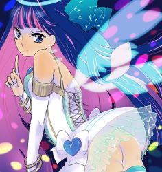Rule 34 | 10s, 1girl, angel wings, ass, bad id, bad pixiv id, blue eyes, blue hair, bow, colored inner hair, elbow gloves, female focus, gloves, hair bow, halo, long hair, matching hair/eyes, multicolored hair, no panties, panty &amp; stocking with garterbelt, sarasa misa, sarasara misa, skirt, smile, solo, stocking (psg), striped clothes, striped thighhighs, thighhighs, wings