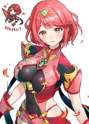 Rule 34 | 1girl, blush, breasts, chest jewel, earrings, fingerless gloves, food, gem, gloves, hair ornament, headpiece, highres, jewelry, large breasts, looking at viewer, nintendo, pyra (xenoblade), red eyes, red hair, short hair, sidelocks, smile, solo, swept bangs, takeashiro, tiara, xenoblade chronicles (series), xenoblade chronicles 2
